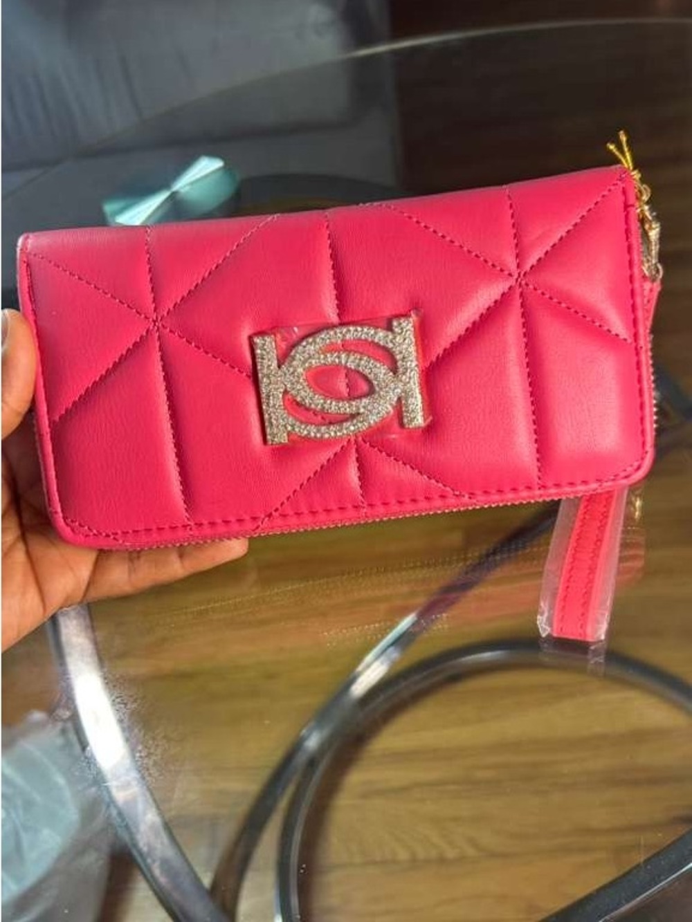 Pink Quilted Wristlet Clutch with Crystal Logo Accent